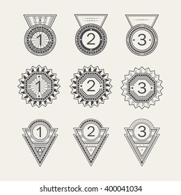 Set of achievement icons. Gold, silver and bronze medals. Collection of elements for winner. Set of award emblems for games, website or an app. Trophy pictogram. Flat vector style.