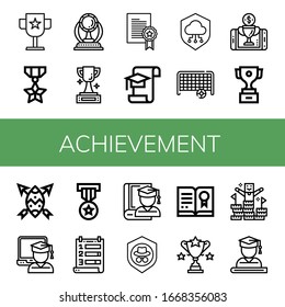 Set of achievement icons. Such as Award, Medal, Trophy, Prize, Graduation, Shield, Goal, Reward, Graduate, Ranking, Certificate, Peak , achievement icons