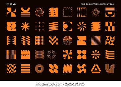 Set of acid color abstract geometric shapes inspired by minimalist, brutalist and bauhaus style. Swiss, Y2K, postmodern design elements. EPS10 vector graphic.