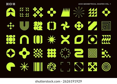 Set of acid color abstract geometric shapes inspired by minimalist, brutalist and bauhaus style. Swiss, Y2K, postmodern design elements. EPS10 vector graphic.