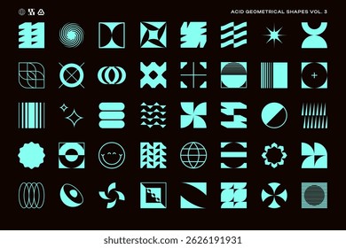 Set of acid color abstract geometric shapes inspired by minimalist, brutalist and bauhaus style. Swiss, Y2K, postmodern design elements. EPS10 vector graphic.