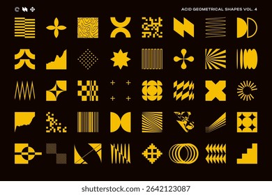 Set of acid color abstract geometric shapes inspired by minimalist, brutalist and bauhaus style. Swiss, Y2K, postmodern design elements. EPS10 vector graphic.