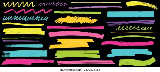 Set of acid color highlighter lines. Hand drawn highlight marker pen underlines, scribbles, stripes or strokes brush on black background. Vector abstract graphic element.