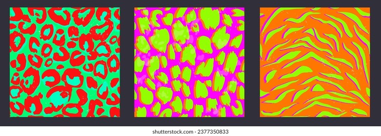 Set of acid colored animal seamless patterns with scratches