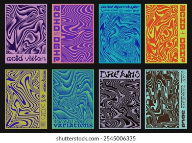 Conjunto De Cartazes De Design Ácido. Texturas Onduladas Geométricas Abstratas. Coleção De Padrões Líquidos.
