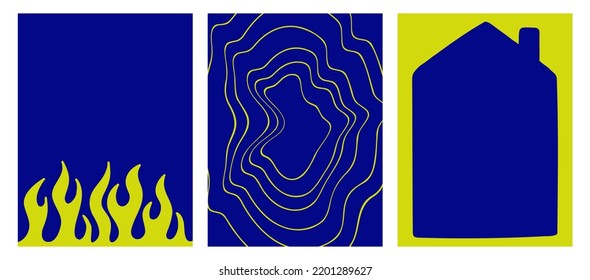 Set of acid futuristic backgrounds. Vector Psychedelic posters in the style of the 90s. Tribal Flame, house and distorted line pattern. Trendy Graphic Template with space for text