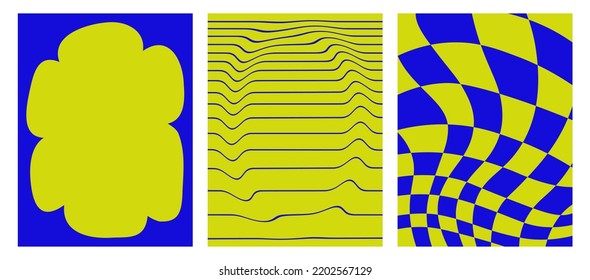 Set von säurehaltigen futuristischen Hintergründen. Vektorplakate im Stil der 90er Jahre. Psychedelisches kariertes Muster, abstrakte Form und verzerrtes Zeilenmuster. Trendy Graphic Template. Vektorgrafik