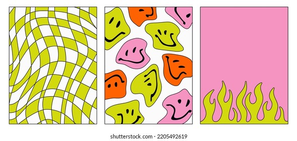 Set of acid futuristic backgrounds. Vector Psychedelic posters in the style of the 90s. Tribal Flame, checkered pattern and distorted smiling faces. Trendy Graphic Template with space for text