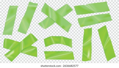 A set of acid green pieces of torn scotch tape. Trendy elements for designs with realistic texture. Vector illustrations on transparent background. Bright and bold