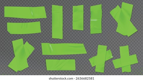 A set of acid green pieces of torn scotch tape. Trendy elements for designs with realistic texture. Vector illustrations on transparent background. Bright and bold