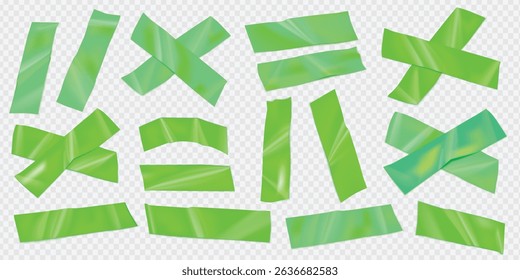 A set of acid green pieces of torn scotch tape. Trendy elements for designs with realistic texture. Vector illustrations on transparent background. Bright and bold