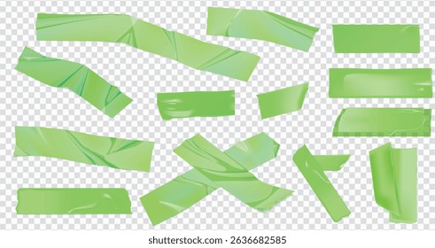 A set of acid green pieces of torn scotch tape. Trendy elements for designs with realistic texture. Vector illustrations on transparent background. Bright and bold