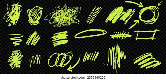 Set of acid green scribble lines and strokes. Includes arrows, swirls, and squiggly shapes drawn with pen, pencil, and marker.