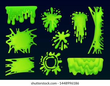 Set of acid green slime splatter in various dynamic shapes, gross mucus liquid splash dripping, stretching and splattering with realistic gooey texture - isolated vector illustration