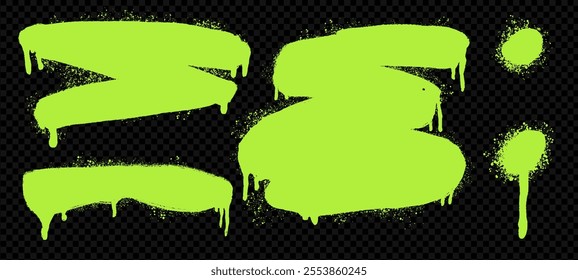 Set of acid green spray splatters and drips. Vector ink splashes, blobs, and stains in grunge style. Includes isolated spots, circles, squares, and brush strokes.