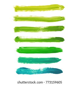 Set of acid green, yellow, greenery hand painted watercolor stripes isolated on white background. Collection of fluid ink, acrylic pours, dry brush stains, strokes, geometric horizontal lines, frames.