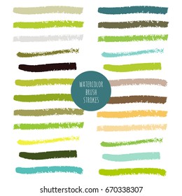 Set of acid green, yellow, pastel powder color hand painted watercolor stripes isolated on white background. Collection of vector acrylic dry brush stains, strokes, geometric horizontal lines, frames.