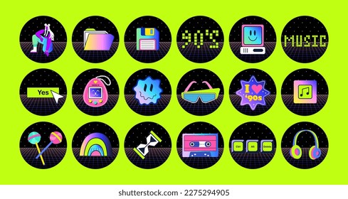 A set of acid highlight for social media. Bright y2k style, 2000s, 90s. Game, pc, music, floppy disk
