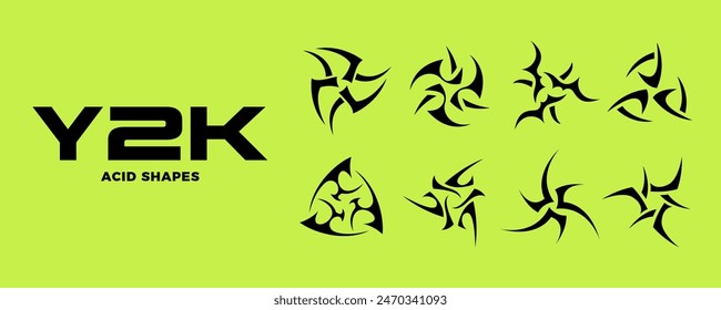 Set of acid neo tribal elements. Neo tribal design elements collection. Gothic style shapes pack. Y2K shapes for streetwear, album covers, tattoo, techno rave party, etc. Vector Y2K signs.