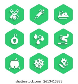 Set Acid rain, Bacteria, Poison flower, Cigarette, Witch cauldron, Nuclear bomb, Experimental mouse and Bottle with potion icon. Vector