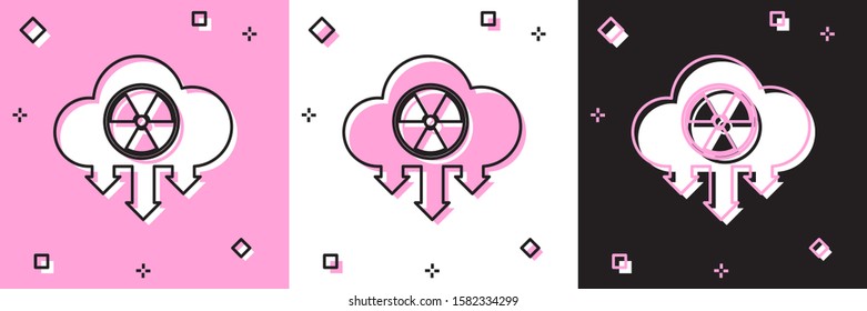 Set Acid rain and radioactive cloud icon isolated on pink and white, black background. Effects of toxic air pollution on the environment.  Vector Illustration