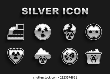 Set Acid rain and radioactive cloud, Electrical outlet, Infectious waste, Molecule, Radioactive shield, Planet earth radiation, Wastewater and  icon. Vector