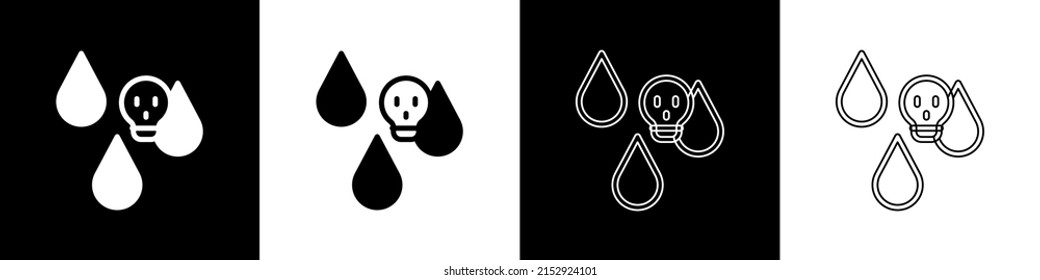 Set Acid rain and radioactive cloud icon isolated on black and white background. Effects of toxic air pollution on the environment.  Vector