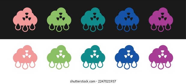 Set Acid rain and radioactive cloud icon isolated on black and white background. Effects of toxic air pollution on the environment.  Vector