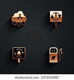 Ajuste la nube radioactiva de lluvia ácida, el símbolo de reciclaje, el agua limpia y el icono de la gasolinera o de la gasolinera con sombra larga. Vector