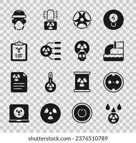 Set Acid rain and radioactive cloud, Electrical outlet, Wastewater, Biohazard symbol, Radioactive, Radiation warning document, Nuclear reactor worker and  icon. Vector