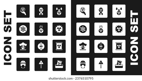 Fijar la lluvia ácida y la nube radioactiva, el enchufe eléctrico de la radiación, el átomo, la bomba radiactiva, la bomba nuclear, el barril de desechos y el icono de explosión. Vector