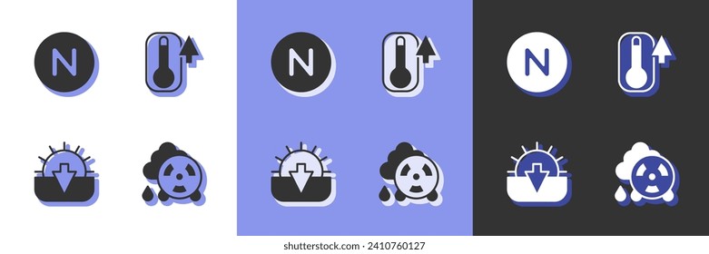 Set Acid rain radioactive cloud, Compass north, Sunset and Thermometer icon. Vector