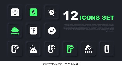 Set Acid rain radioactive cloud, Thermometer, Fahrenheit, Cloud with, Sun and weather, Lightning bolt and  icon. Vector