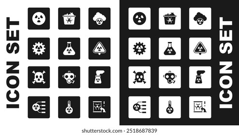 Definir chuva ácida e nuvem radioativa, Radiação do tubo de ensaio, Radioativo, Triângulo com, Resíduos infecciosos, Central Nuclear e Ossos ícone de aviso do crânio. Vetor