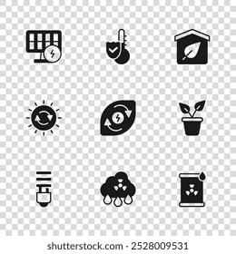 Set Acid rain radioactive cloud, Plant pot, Radioactive waste barrel, Water energy, Eco friendly house, Solar panel, Thermometer and  icon. Vector