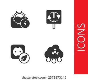 Set Acid rain radioactive cloud, Water mill, Electrical outlet and Recycle symbol icon. Vector