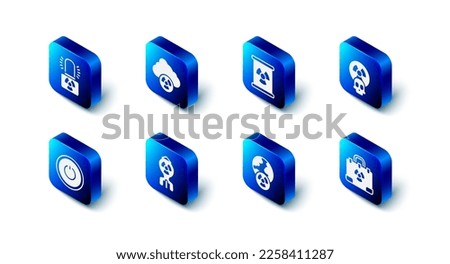 Set Acid rain and radioactive cloud, Radioactive waste barrel, Radiation nuclear suitcase, Planet earth radiation, Nuclear bomb, Power button and warning lamp icon. Vector