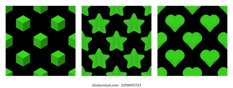 Conjunto de patrones sin soldadura ácida en verde. cubo 3d, estrella, corazón. Patrones vectoriales en un fondo negro en el moderno estilo Y2K, 90s.