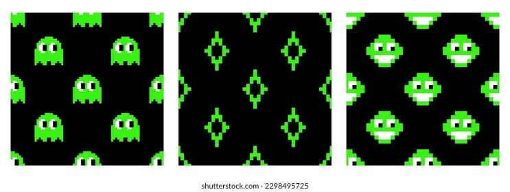 Conjunto de patrones sin soldadura ácida en verde. Patrón de hombre paquistaní, emoticono, estrella. Patrones vectoriales en un fondo negro en el moderno estilo Y2K, 90s.