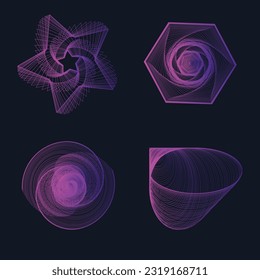 Set of acid trippy abstract wireframe geometric shapes. 00s y2k rave concept for streetwear. Cool dripping psychedelic forms.