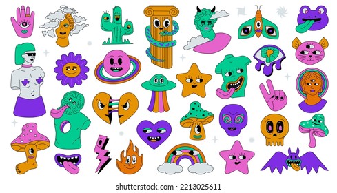 A set of acid trippy mad characters. Outlinned groovy signs.