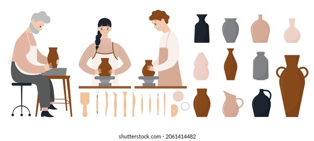 Set of acient ceramic vases, clay tools and people making pots on wheel. Wine jar, amphora,  urn,  pot, pitcher. Collection of handmade ceramics. Pottery elements. Vector illustration in flat style 