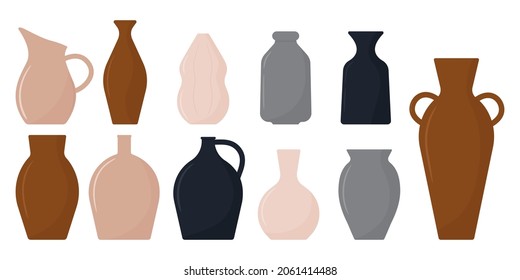 Set of acient ceramic vases of different shapes. Wine jar, amphora,  urn, vase, pot, pitcher. Collection of handmade ceramics. Pottery elements. Vector illustration in flat style 