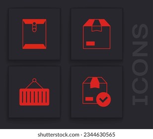 Set ackage box with check mark, Envelope, Carton cardboard and Container crane icon. Vector