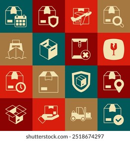 Marque a caixa de embalagem com marca de seleção, Cartão de localização, Fragile vidro quebrado, Plano e, Caixa, entrega de caixas de transporte de carga, Calendário de cartão e Excluir ícone de envelope. Vetor