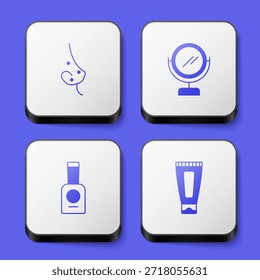 Conjunto de acné, espejo de maquillaje redondo, botella de esmalte de uñas y crema de loción icono de tubo cosmético. Botón cuadrado blanco. Vector