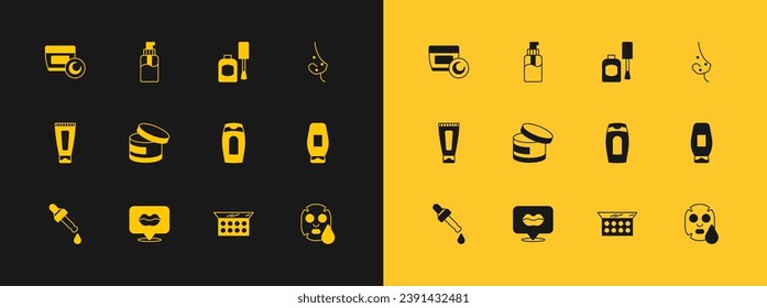 Set Acne, Smiling lips, Bottle of shampoo, Makeup powder with mirror, Cream lotion cosmetic tube, nail polish,  and liquid soap icon. Vector