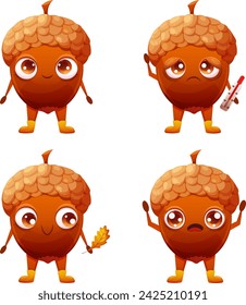 Set of acorn character with different emotions, surprise, sadness, joy. Acorn with big eyes, arms and legs. Vector character for children on the theme of autumn, forest, nature