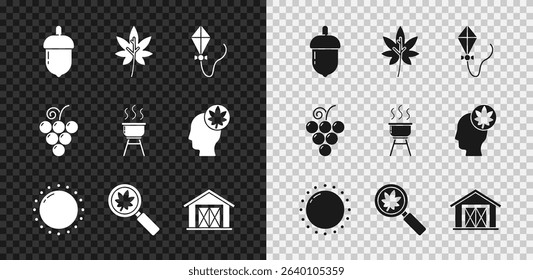 Set Acorn, Leaf leaves, Kite, Sun, Magnifying glass with leaf, Farm house, Grape fruit and Barbecue grill icon. Vector