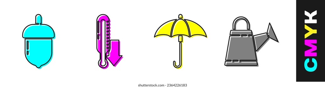 Set Acorn, Meteorology thermometer, Umbrella and Watering can icon. Vector